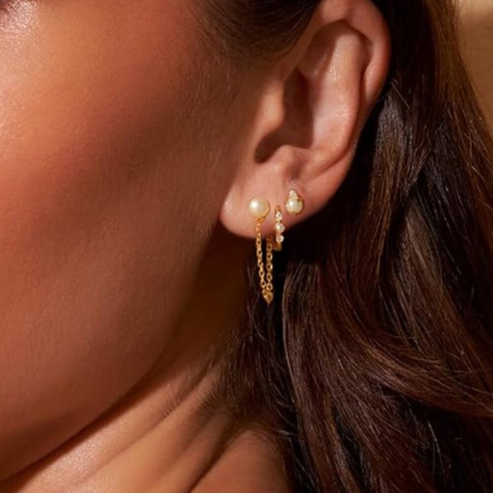 NEW! Women Pearl Earrings Set-Gold Pearl Chain Drop Cartilage Earring Fashion